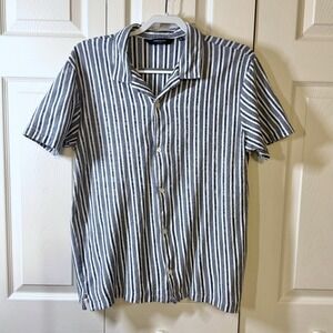 Kenneth Cole New York Mens Large Blue White Striped Cotton Camp Shirt